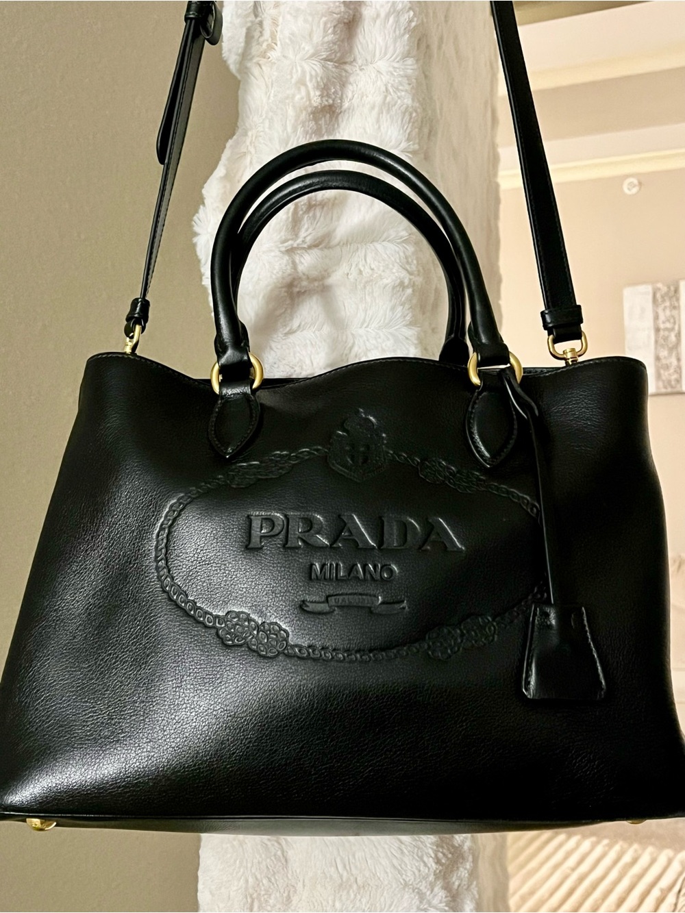 Prada Black Leather Glacé Calfskin Embossed Leather Logo Tote (COA) included